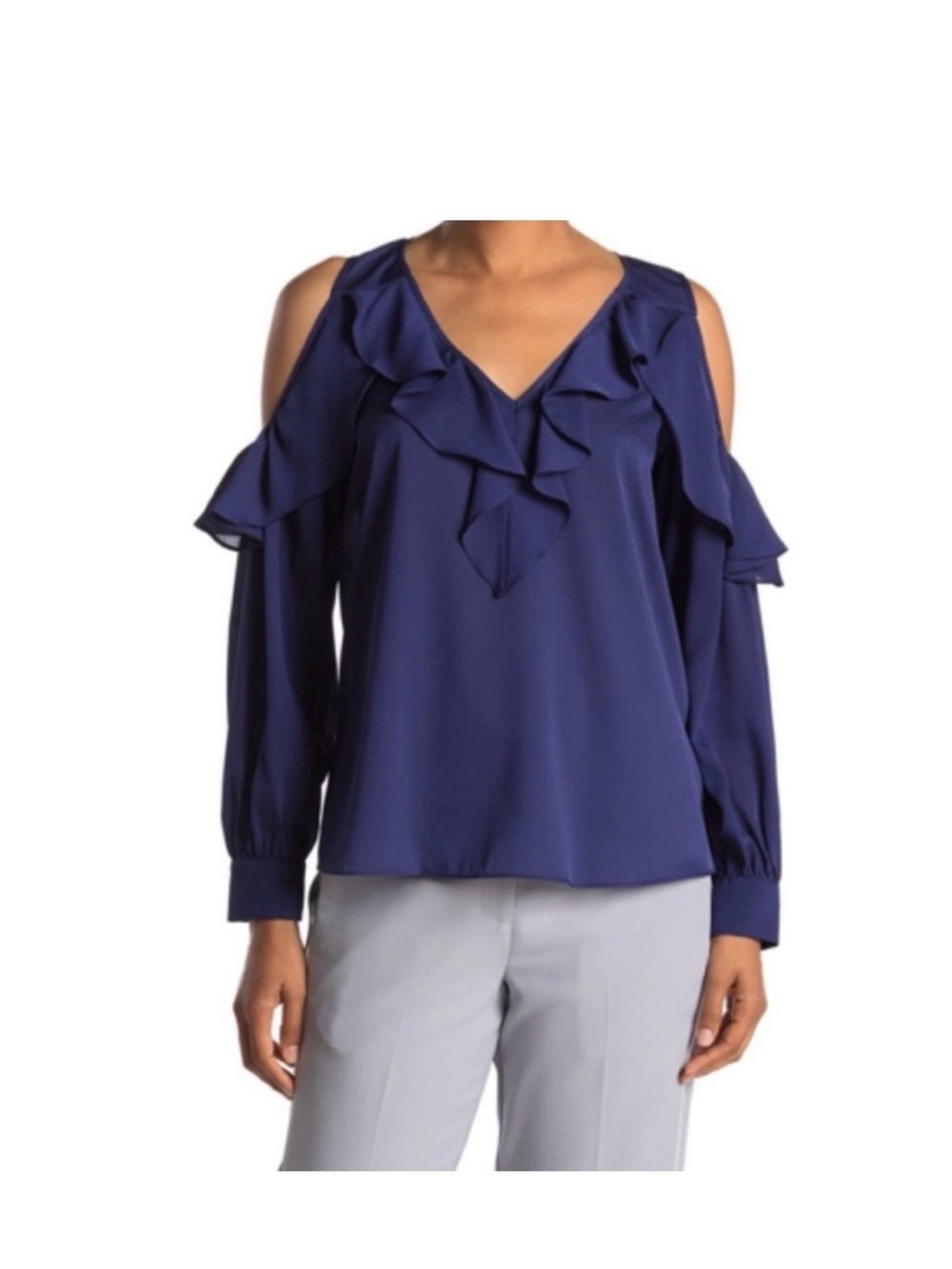 Parker Navy Ruffle V-Neck Blouse XS